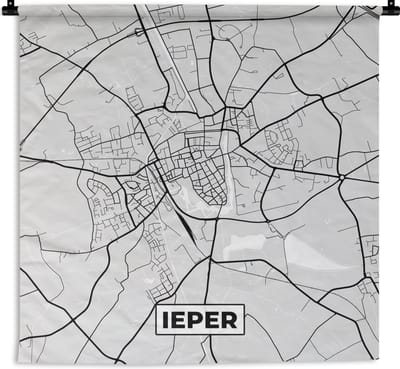 Wandkleed - Wanddoek - Zwart Wit – België – Plattegrond – Stadskaart – Kaart – Ieper - 150x150 cm - Wandtapijt