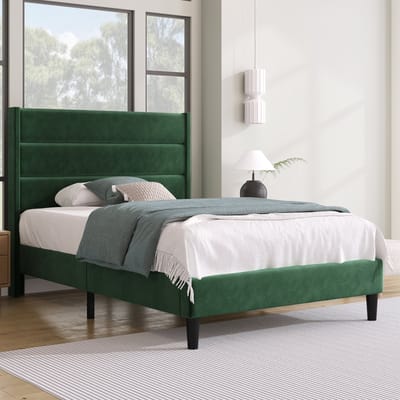 Wishdor Gestoffeerd eenpersoonsbed 90x200 cm - Inclusief 7-zones matras - Hoofdbord - Fluweel - Donkergroen - Onderhoudsvriendelijk design