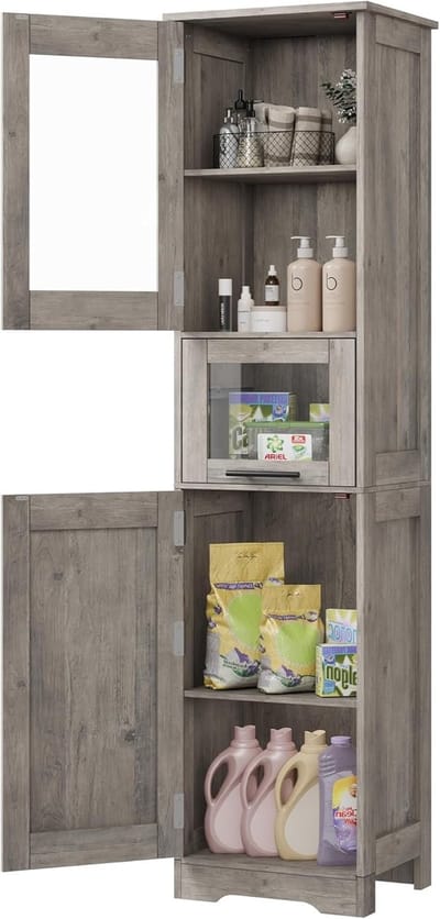 Smalle badkamerkast 40x31x170cm – 2 deuren, 1 lade, verstelbare legplanken, anti-kantelset – waterbestendig MDF – Grijs
