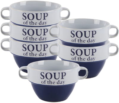 Bellatio Design Soepkommen - 6x - 500 ml - Soup of the day - keramiek - D12 x H8 cm - blauw - Stapelbaar