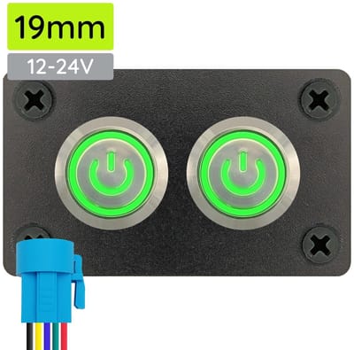 ProRide Metalen drukschakelaars in Tweevoudig inbouwpaneel 12-24V ON-OFF - 19mm - IP67 - LED indicatie Groen