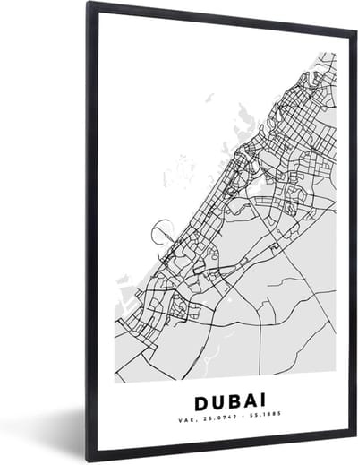 Fotolijst incl. Poster Zwart Wit- Dubai - Stadskaart - Plattegrond - Zwart Wit - Kaart - 40x60 cm - Posterlijst