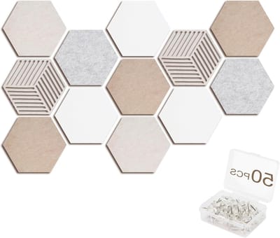12 Stuks Vilt Pinbord Hexagonaal Zelfklevend DIY Prikbord Kork met 50 Duidelijke Duimspijkers voor Wanddecoratie in Kantoor, Thuis en Slaapkamer