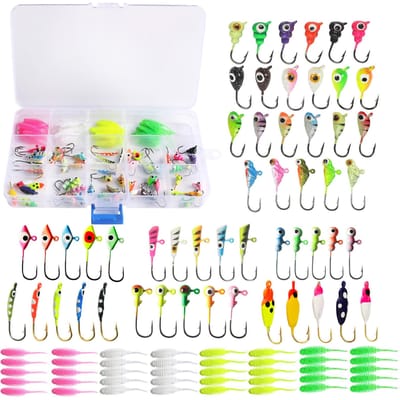 93 stuks IJsvissen Jigs Kit Bevat Jigkoppen Haak en Zacht Aas voor Baars Forel Snoekbaars veelkleurig