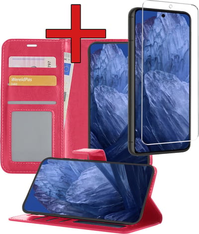 Hoesje - Met Screenprotector - Geschikt voor Google Pixel 8a - Luxe Pasjeshouder - Flipcase - Bookcase Portemonee - Flip Case - Kunstleer Book Case - Book Cover - Walletcase - Portemonneehoes - Telefoonhoes - Donkerroze