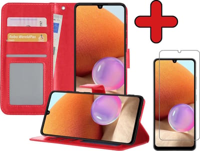 Hoesje - Met Screenprotector - Geschikt voor Samsung Galaxy A32 5G - Luxe Pasjeshouder - Flipcase - Bookcase Portemonee - Flip Case - Kunstleer Book Case - Book Cover - Walletcase - Portemonneehoes - Telefoonhoes - Rood