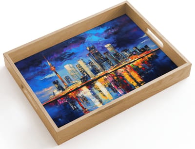 Dienblad hout 40x30 cm - Schootdienblad - Skyline Toronto - Modern - Stadslicht - Blauw - Borrelplank rechthoek - Plateau dienbladen