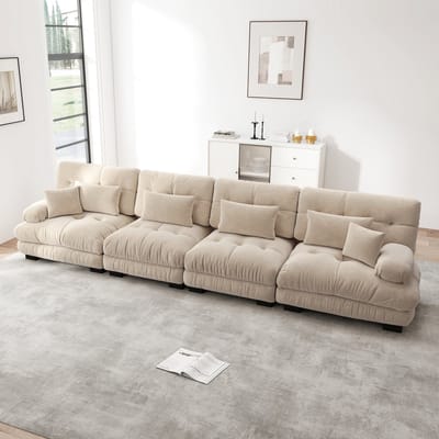 DESMIU Hoekbank 406 x 77 cm - 4 Zits Met Diepe Zitting En Modulaire Opstelling - Voor Woonkamer Appartement En Kantoor - Chenille Lichtkoffie