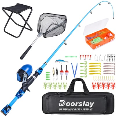 Canne à pêche et moulinet pour enfants, Combo avec tabouret de pêche pliable, filet d'atterrissage, canne à pêche télescopique bleu