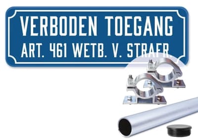 Verboden Toegang bord - old school - Weerbestendig Aluminium - 40x15 cm - Bevestiging: Met paal 120 cm + paalbeugels + paaldop