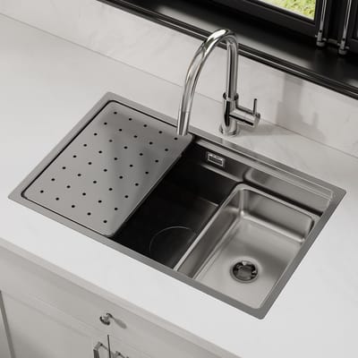 HOROW Spoelbak RVS 70x45cm - Spoelbak Keuken - Keuken gootsteen - Enkele spoelbakken Met sifon - afvoer en overloopset