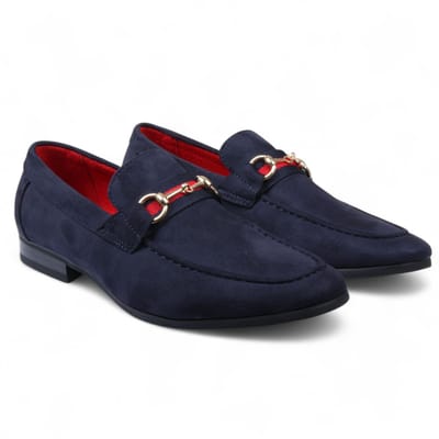 Marineblauwe suède loafers voor heren met gouden gesp