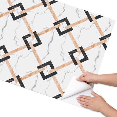 Coloray Meubel Wrap Folie - Beige Meubelfolie - 75x150 cm - Decoratiefolie Vlechtwerk op marmer - Meubel Wrap Folie - Geometrische Meubelfolie - Plakfolie Meubels - Keuken decoratie - Geometrie
