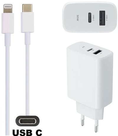 OneOne 30W super snellader met 2 poorten + 2,0m OneOne USB C naar Lightning kabel. PD lader. Oplader adapter past op Apple iPad Mini, iPad Mini 2, iPad Mini 3, iPad Mini 4, iPad Mini 5, iPad Air, iPad Air 2, iPad Air 3