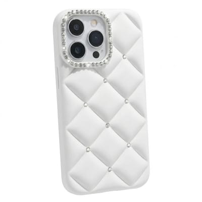 Wit gewatteerd telefoon hoesje geschikt voor iPhone 14 Pro Max – dames – premium backcover case met rhinestone details en vierkant camera frame