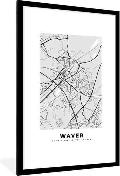 Fotolijst incl. Poster Zwart Wit- Stadskaart – Zwart Wit - Kaart – Waver – België – Plattegrond - 80x120 cm - Posterlijst
