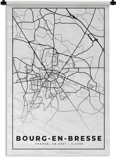 Wandkleed - Wanddoek - Stadskaart – Frankrijk – Kaart – Bourg-en-Bresse - Plattegrond - Zwart wit - 120x180 cm - Wandtapijt