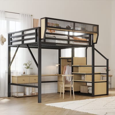 Sweiko Hoogslaper - 140x200cm - met opbergvak - Metalen bed - Zwart + Natuurlijk (Zonder tafel en stoelen)