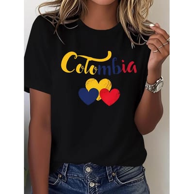 Dames Colombia Vlag T-shirt - Colombiaans Hart & Tekst Grafisch T-shirt (Geel/Rood), Casual Top met Korte Mouwen en Ronde Hals voor Reizen XXL brown