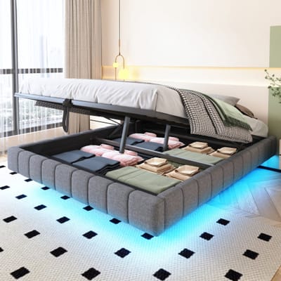 Gestoffeerd bed 160 x 200 cm grijs - Hydraulisch opbergbed - LED-verlichting - linnenstof - bed met opbergruimte - voor slaapkamer