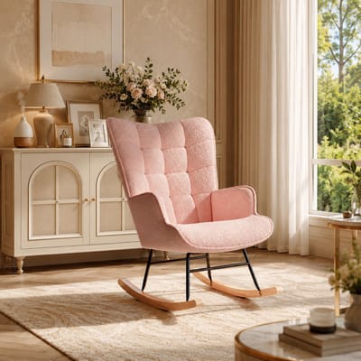 Schommelstoel Teddy Roze - Relaxstoel babykamer Met kussen - Voedingsstoel Met armleuningen en rugleuning - Fauteuil