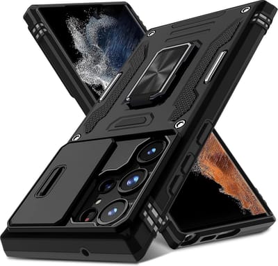 Podec Hoesje met Screenprotector - Geschikt voor Samsung Galaxy S25 Ultra - Zwart Telefoonhoesje - Anti-Shock Case - Hybrid Armor Hoes met Kickstand Ring