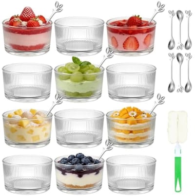 PromoHome 12 Stuks Dessertglazen Glas, 200ml Transparant Glazen Dessertkommen met Lepels en Borstel