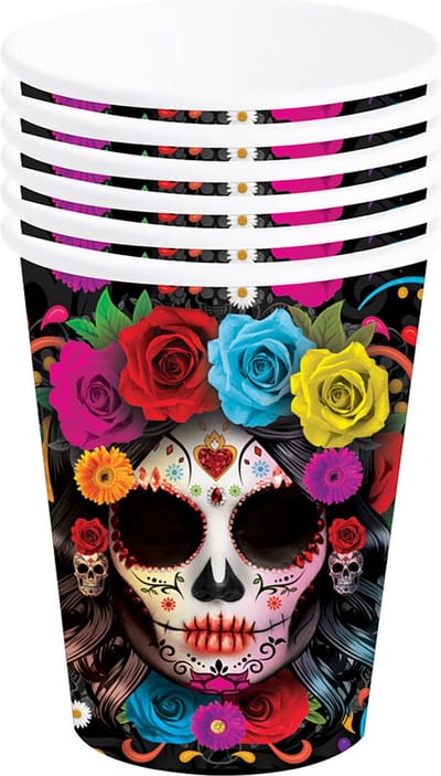 Fiestas Guirca Day of the dead feest bekers - 12x - gekleurd - papier - 240 ml