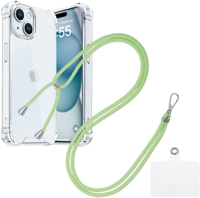 Shock Proof Case Hoes Geschikt voor iPhone 15 Hoesje Transparant Met universele Telefoonkoord groen - Cover - Nek Hanger - Koord Hoes
