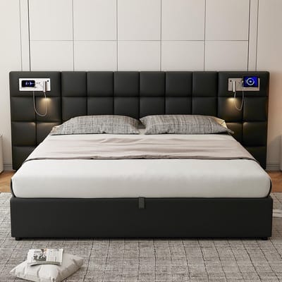 KOMHTOM Tweepersoonsbed 180x200 cm Hydraulisch bed met USB-poort draadloze oplader verlichte lamp Houten lattenbodem PU Zwart