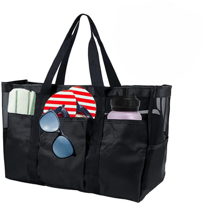 Unyqoos® Ruime Zwarte Strandtas XXL voor Gezin en Reizen met Ritssluiting en Mesh Ontwerp