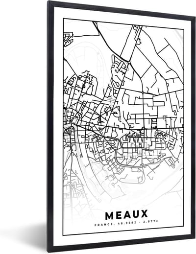 Fotolijst incl. Poster Zwart Wit- Stadskaart - Meaux - Plattegrond - Kaart - Frankrijk - Zwart wit - 40x60 cm - Posterlijst