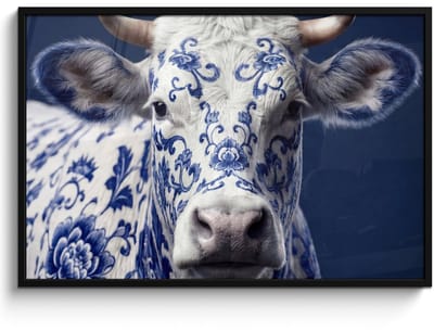 Poster in lijst - Fotolijst 120x80 cm - Posters - Koe - Delfts - Blauw - Artistiek - Posterlijst zwart - Decoratie - Wanddecoratie woonkamer - Muurdecoratie slaapkamer