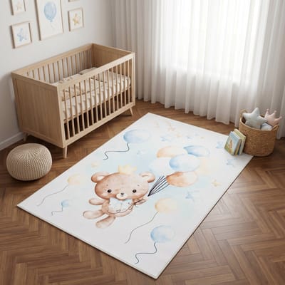Tapiso Kids Kindervloerkleed Teddybeer Ballonnen Kroon – Zacht Babykamertapijt Blauw Beige Aquarel – Antislip Wasbaar 140x200