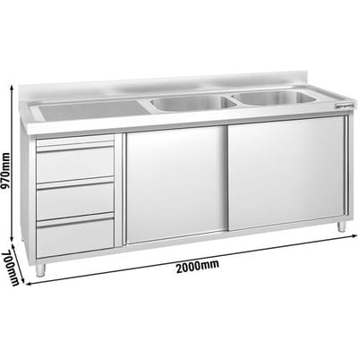 GGM Gastro Spülschrank PREMIUM - 2000x700mm - mit 3 Schubladen & 2 Becken rechts