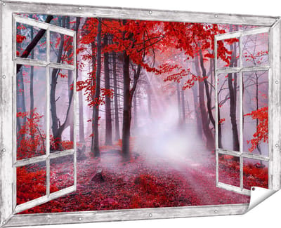Gards Tuinposter Doorkijk Rood Bos met Bomen - 180x120 cm - Tuindoek - Tuindecoratie - Wanddecoratie buiten - Tuinschilderij