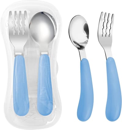 Set van 2 Kinderbestek met Leuke Reisdoos - RVS Lepel en Vork voor Peuters - Ideaal voor Schoollunch en Eten Thuis