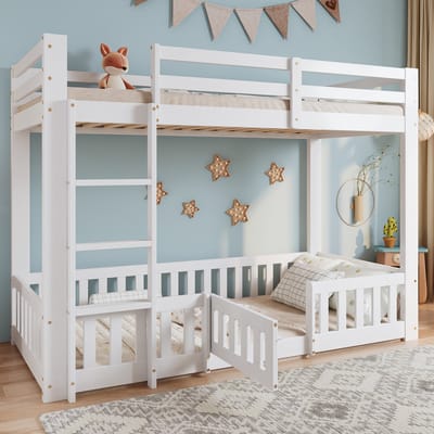 Stapelbed - 90x200 - Met Haakse Trap En Deur - Vrije Ruimte Onder Bed - Massief Hout - Wit