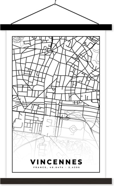 Posterhanger incl. Poster 40x60 cm - Schoolplaat - Plattegrond – Kaart – Frankrijk – Vincennes - Stadskaart - Zwart wit - Textielposter - Zwarte latten - Stadskaart