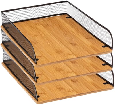 Bellatio Design Kantoor postbakjes - 3x - brievenbakjes - A4 formaat - bamboe hout en metaal