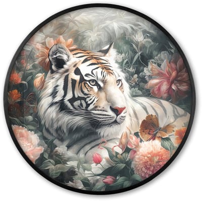 Poster in lijst Rond - Fotolijst 60x60 cm - Posters - Tijger - Wilde dieren - Bloemen - Jungle - Ronde posterlijst zwart - Decoratie - Wanddecoratie woonkamer - Muurdecoratie slaapkamer
