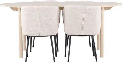 Andy eethoek tafel 90x180cm en 4 bouclé stoelen whitewash.