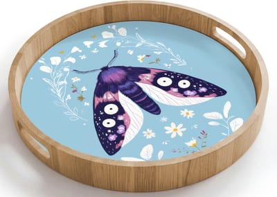 Dienblad rond 40x40 cm - Schootdienblad hout - Bladeren - Wit - Vlinder - Insect - Borrelplank rechthoek - Plateau houten dienbladen