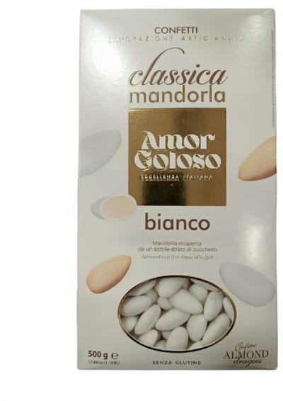 Classica Mandorla Bianco Amor Goloso Amandel dragees Gesuikerde Amandel ( Gluten vrij ) – Klassieke amandel Gesuikerd – Klasik Beyaz sekerli badem sekeri ( Gluten icermez ) – Classic white Candied Almond Almand dragees (Gluten free) almond 500 g