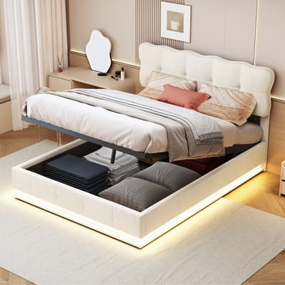 Modern gestoffeerd bed 140 x 200 cm met opbergruimte, hydraulisch tweepersoonsbed met RGB LED-verlichting, bed met opbergruimte, kinderbed met hoofdbord, bedframe met lattenbodem, fluweel (beige, 140 x 200 cm)