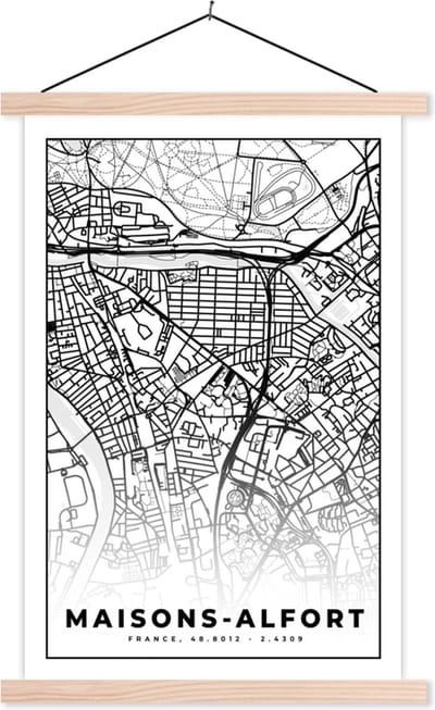 Posterhanger incl. Poster 40x60 cm - Schoolplaat - Stadskaart - Plattegrond - Maisons-Alfort - Kaart - Frankrijk - Zwart wit - Textielposter - Blanke latten - Stadskaart