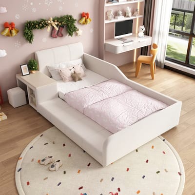 MODENUIT Kinderbed 90x200 cm – Eenpersoonsbed met Bureau en Kruk – Met Opbergplank – Zonder matras – Fluweel – Wit