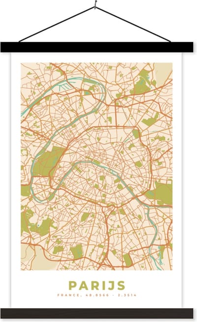 Posterhanger incl. Poster 40x60 cm - Schoolplaat - Kaart - Parijs - Stadskaart - Vintage - Plattegrond - Textielposter - Zwarte latten - Stadskaart
