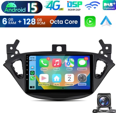 JUNSUN 9 inch Carplay Android Auto Radio Geschikt voor Opel Corsa E (2015-2019) & Adam (2013-2016) Accessoires - Android 15, 6GB+128GB, 4G-LTE, DSP, WiFi, Bluetooth 5.0, RDS, Octa-Kern