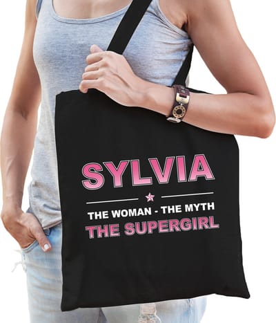Naam cadeau Tasje voor Sylvia - The woman, The myth the supergirl - katoenen - zwart - verjaardag - moederdag - collega - vriendin